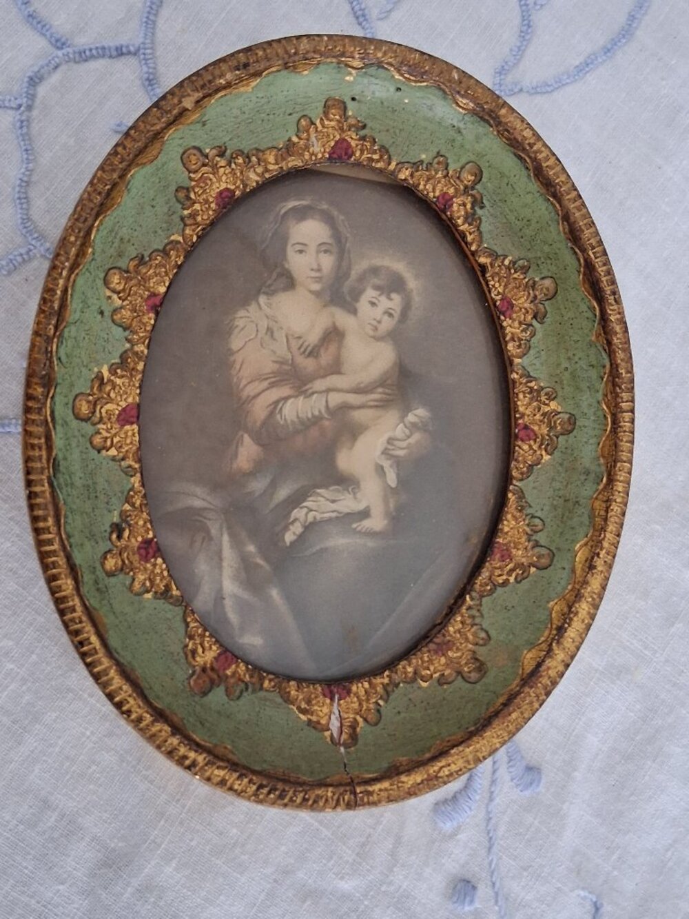 ANTIQUE DECORATIVE FLORENTINE GILDED CARVED WOOD PLAQUE MURILLO MADONNA & CHILD